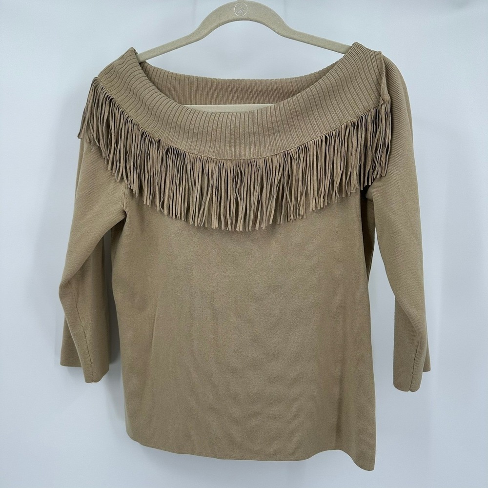 Spenser Jeremy Womens Boho Silk Blend Suede Fringe Off Shoulder Sweater Size L